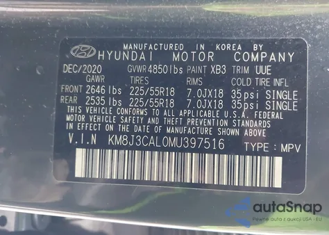 2021 Hyundai Tucson Sel z USA, uszkodzony, nr VIN KM8J3CAL0MU397516